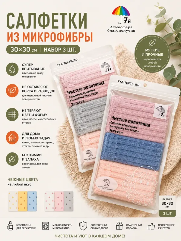 Салфетки из микрофибры 30х30 см, 3 шт. — 7Я Атмосфера Благополучия