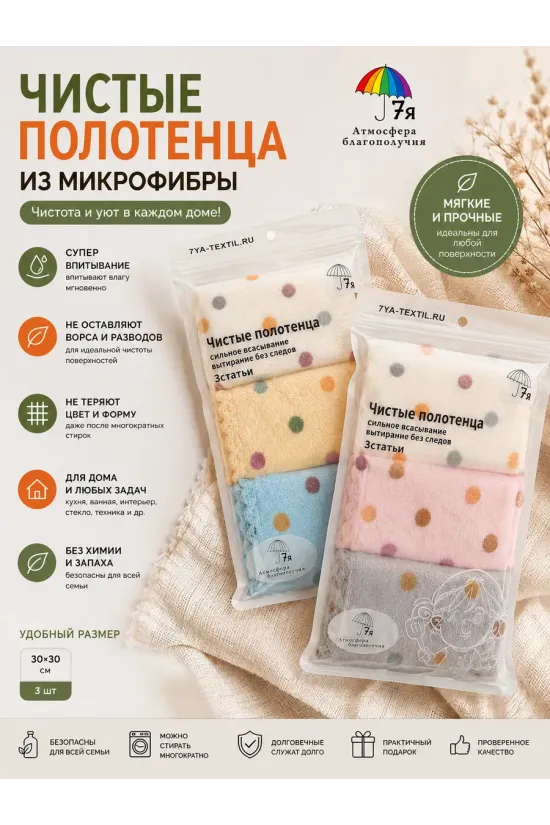 Салфетки из микрофибры 30х30 см в горошек