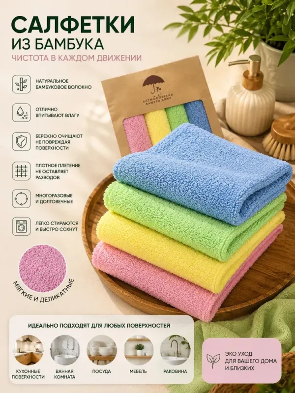 Бамбуковые салфетки 25×25 см ассорти, набор 4 шт — 7 Я Атмосфера Благополучия